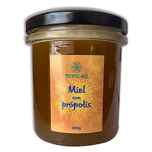 Miel con Propoleo x 400 g. Miel natural con aroma floral, pura y sin pasteurizar. Miel de mil flores con propolis que mejora las defensas y con propiedades antivirales naturales.