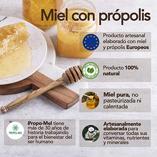 Miel con Propoleo x 400 g. Miel natural con aroma floral, pura y sin pasteurizar. Miel de mil flores con propolis que mejora las defensas y con propiedades antivirales naturales.