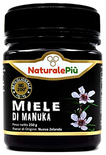 Miel de Manuka 200+ MGO 250g. Producida en Nueva Zelanda, activa y cruda, 100% pura y natural. Metilglioxial probado por laboratorios acreditados. NATURALEPIÙ