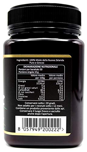 Miel de Manuka 400+ MGO 500g. Producida en Nueva Zelanda, activa y cruda, 100% pura y natural. Metilglioxial probado por laboratorios acreditados. NATURALEPIÙ