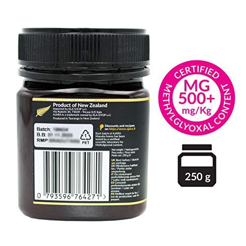 Miel de Manuka MGO 500+ Activo, Crudo, Puro y Natural al 100% - Producto Certificado Metilglioxal en Nueva Zelanda - Terapéutico Antiviral y sana la piel - AJARA 250g