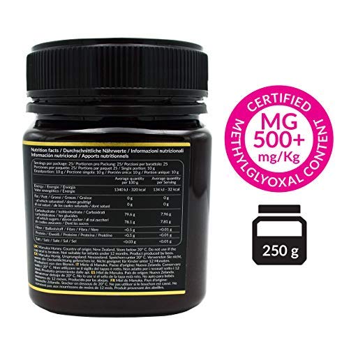 Miel de Manuka MGO 500+ Activo, Crudo, Puro y Natural al 100% - Producto Certificado Metilglioxal en Nueva Zelanda - Terapéutico Antiviral y sana la piel - AJARA 250g