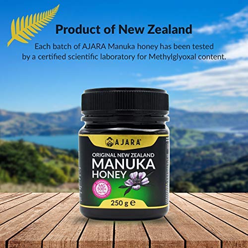 Miel de Manuka MGO 500+ Activo, Crudo, Puro y Natural al 100% - Producto Certificado Metilglioxal en Nueva Zelanda - Terapéutico Antiviral y sana la piel - AJARA 250g