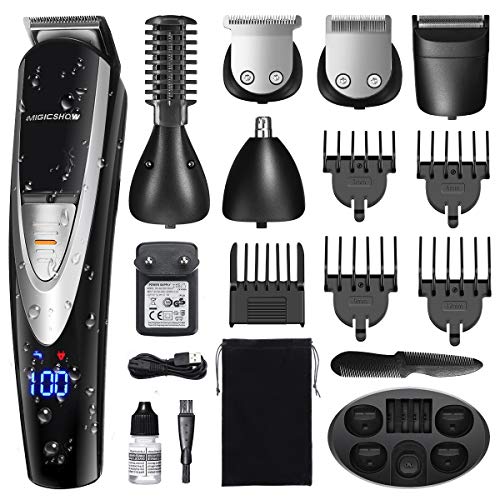 MIGICSHOW Cortapelos Recortadora de Barba Impermeable Electrico, Precisión Afeitadora Corporal para Hombres Profesional Cortapelos Recargable 12 en 1 para Barba, Cabello, Cuerpo y Nariz/Oreja