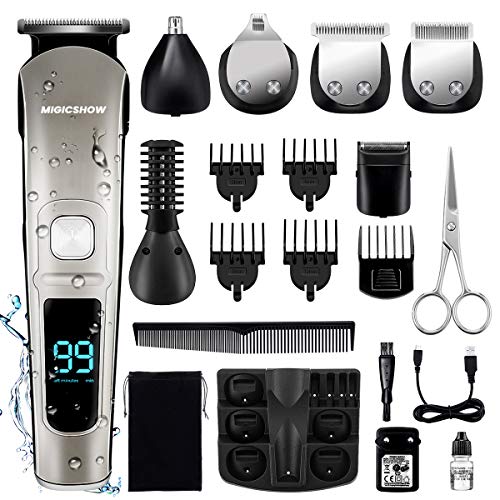 MIGICSHOW Impermeable Cortapelos Hombre Recortadora de Barba,Máquina Cortapelos Profesional, Multifunción Maquina Afeitar Barba, Cabello, Cuerpo y Nariz/Oreja con Peines Guía para Padre y Novio