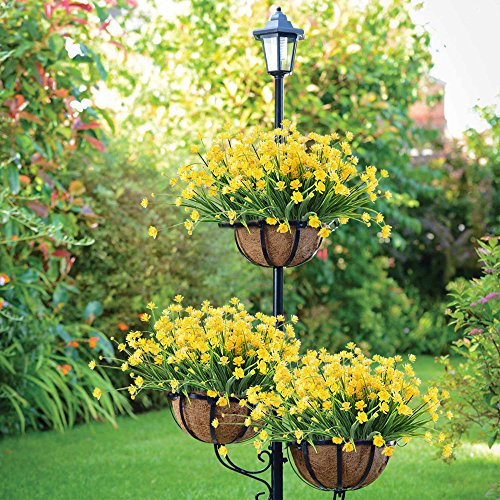 MIHOUNION Flores Falsas Artificiales, 4 pcs Faux narcisos Amarillos Arbustos Verdes Plantas arbustos de plástico Interior Exterior Colgando macetero Cementerio de la Boda decoración jarrones