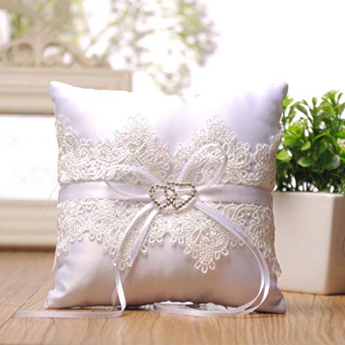 MIKI-Z Almohada de Anillo de Bodas de Perlas de Encaje Portador de cojín de Marfil para Bodas en la Playa, Suministros de Boda