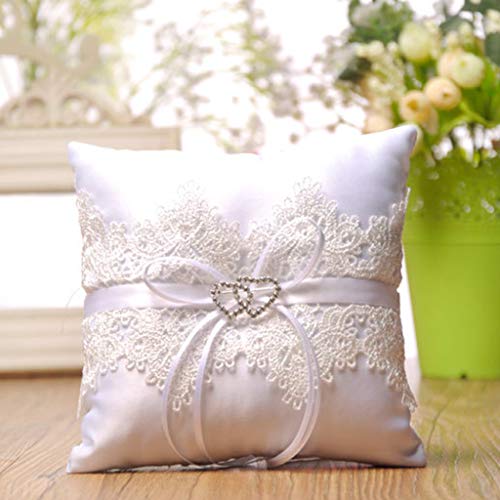MIKI-Z Almohada de Anillo de Bodas de Perlas de Encaje Portador de cojín de Marfil para Bodas en la Playa, Suministros de Boda