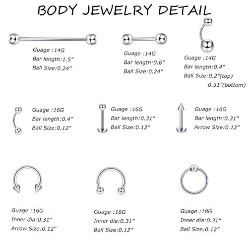 Milacolato 30-120Pcs Lote Piercing Corporal Anillo de Nariz de Acero Inoxidable Herradura Lengua Labial Ceja Tragus Piercing Corporal Anillos de Ombligo Barbells 14G 16G