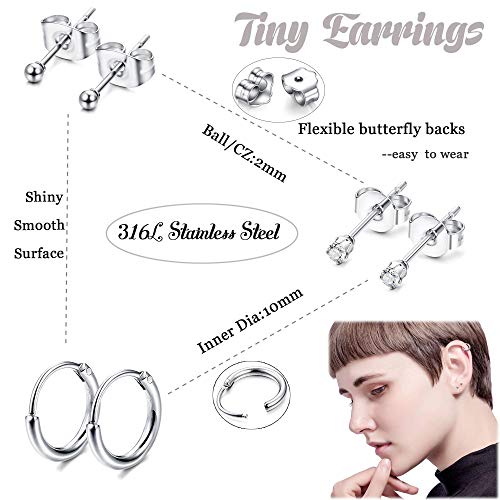 Milacolato Acero Inoxidable de 2 mm Pendientes de Botón Pequeño Para Mujer Para Hombre Endless Hoops CZ Balls Cartílago Pendientes Conjunto 20G