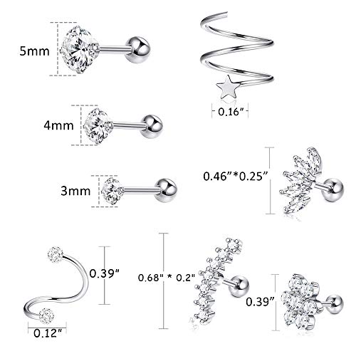 Milacolato Pendientes de Cartílago de Oreja de Acero Inoxidable Aros para Mujeres Niñas Tragus Helix Conch Piercing CZ Barbell Stud 16-18G