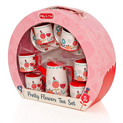 Milly & Ted Juego de té Carry Case - Juego de té de Metal niños - Juego de imaginación Juguete de Cocina