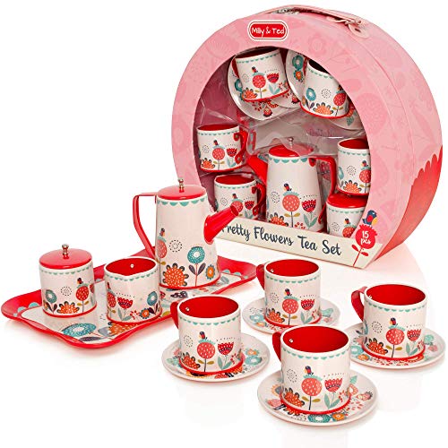 Milly & Ted Juego de té Carry Case - Juego de té de Metal niños - Juego de imaginación Juguete de Cocina
