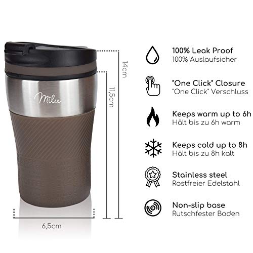 Milu Termo Taza 210ml - Vaso Termico de Viaje - Café para Llevar - Taza de Viaje - Taza de acero inoxidable para beber - con aislamiento de doble pared (Negro, 210ml)
