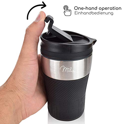 Milu Termo Taza 210ml - Vaso Termico de Viaje - Café para Llevar - Taza de Viaje - Taza de acero inoxidable para beber - con aislamiento de doble pared (Negro, 210ml)