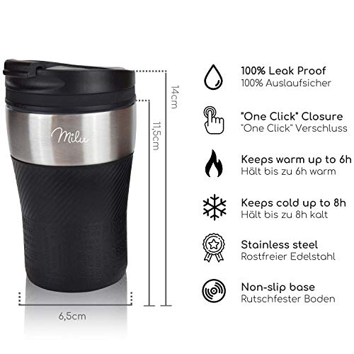 Milu Termo Taza 210ml - Vaso Termico de Viaje - Café para Llevar - Taza de Viaje - Taza de acero inoxidable para beber - con aislamiento de doble pared (Negro, 210ml)