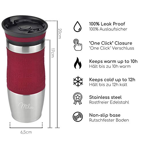 Milu Termo Taza 370ml, 450ml - Vaso Termico de Viaje - Café para Llevar - Taza de Viaje - Taza de acero inoxidable para beber - con aislamiento de doble pared (370ml, Rojo)