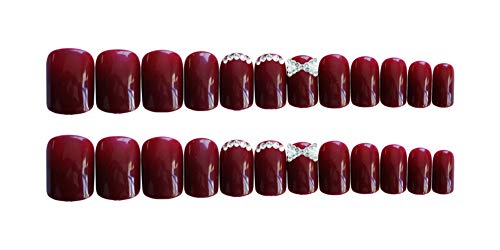 Mimei 24 Piezas Uñas Postizas Rojos, Negra y Blancas con Punto de Ola, Uñas Postizas Manicura Francesa para Navidad/Fiesta para Mujer/ Niña