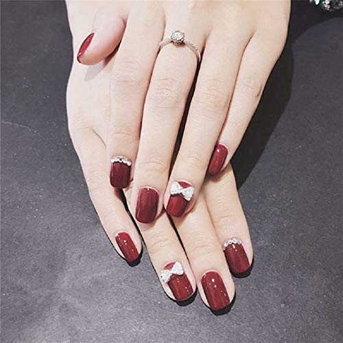 Mimei 24 Piezas Uñas Postizas Rojos, Negra y Blancas con Punto de Ola, Uñas Postizas Manicura Francesa para Navidad/Fiesta para Mujer/ Niña