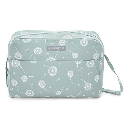 Mimuselina Bolsa de Maternidad | Bolso Organizador Productos Bebé, Bolsa Maternal para Hospital y Silla de Paseo, Impermeable, Espaciosa, Práctica y Cómoda, Estampado Diente de León Menta, 40x28x14 cm