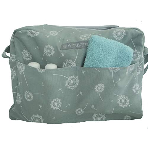 Mimuselina Bolsa de Maternidad | Bolso Organizador Productos Bebé, Bolsa Maternal para Hospital y Silla de Paseo, Impermeable, Espaciosa, Práctica y Cómoda, Estampado Diente de León Menta, 40x28x14 cm