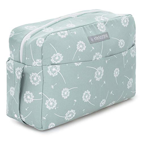 Mimuselina Bolsa de Maternidad | Bolso Organizador Productos Bebé, Bolsa Maternal para Hospital y Silla de Paseo, Impermeable, Espaciosa, Práctica y Cómoda, Estampado Diente de León Menta, 40x28x14 cm