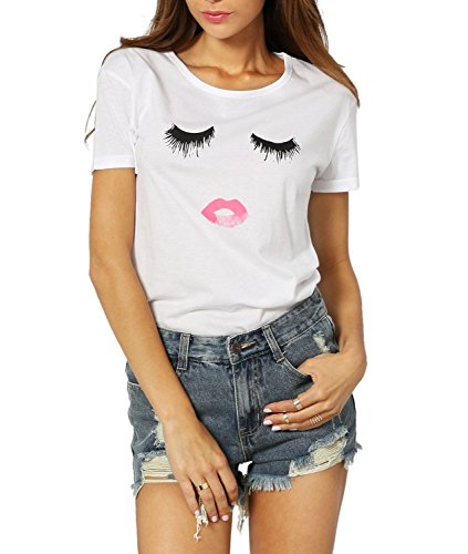 Mine Tom Mujer Chicas Casual Verano Camisetas Mangas Cortas Blusa Cuello Redondo Huellas Labiales Pestañas Tops (ES 38, Blanco)