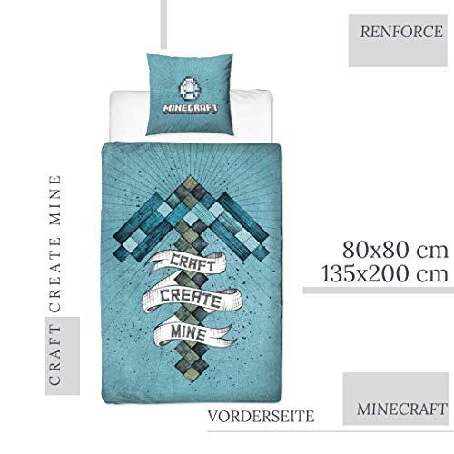 Minecraft Juego de ropa de cama de 2 piezas, cama infantil para adolescentes, Diamond Minecraft, reversible, funda de almohada de 80 x 80 cm y funda nórdica de 135 x 200 cm