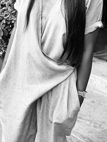 Minetom Mujer Baggy Peto de Pantalones Largos Mono Harem Anchos Talla Grande Casual Moda Bolsillos Tiras Fiesta Manga Corta Cuello en V Jumpsuit A Gris ES 42