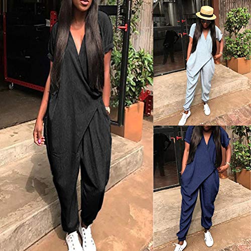 Minetom Mujer Baggy Peto de Pantalones Largos Mono Harem Anchos Talla Grande Casual Moda Bolsillos Tiras Fiesta Manga Corta Cuello en V Jumpsuit A Gris ES 42