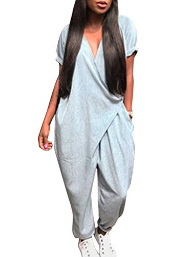 Minetom Mujer Baggy Peto de Pantalones Largos Mono Harem Anchos Talla Grande Casual Moda Bolsillos Tiras Fiesta Manga Corta Cuello en V Jumpsuit A Gris ES 42