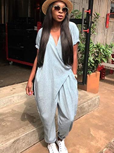 Minetom Mujer Baggy Peto de Pantalones Largos Mono Harem Anchos Talla Grande Casual Moda Bolsillos Tiras Fiesta Manga Corta Cuello en V Jumpsuit A Gris ES 42
