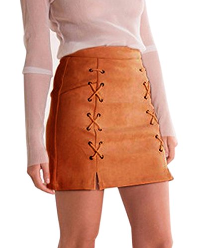 Minetom Mujer Chicas Ante Cintura Alta Delgado Bandas Minifalda Primavera Verano Moda Corto Vestidos Una línea Falda Mini Skirt Marrón EU L