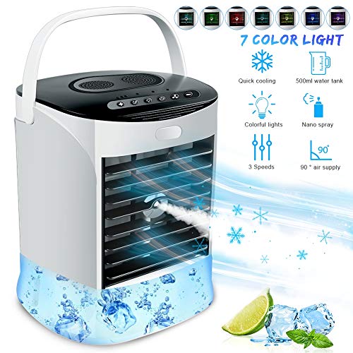 Mini Enfriador de Aire para Hogar Oficina swonuk Aire Acondicionado Portátil 4 en 1 Mini Ventilador Humidificador Purificador Luz de noche, 3 Velocidades, 7 Colores Luz Ajustable (white + black)