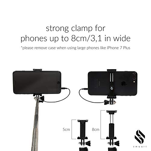 Mini Palo Selfie Universal para Smartphones y GoPro con Cable de Control (sin Baterías, sin Bluetooth) | Versión 2018 | 13,4 Centímetros, Extensible a 70 Centímetros | Con Bolsa Para el Monopod | para iPhone 6, Samsung, Sony, Huawei