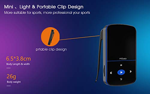 Mini Reproductor MP3 de 32 GB, con Bluetooth, Reproductor de Música Portátil con Clip, Podómetro Deportivo, Radio FM, Grabadora de Voz, Ranura Micro SD, Ampliable hasta 64 GB, Ideal para Deportes
