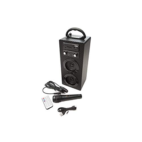 Mini Torre Portátil Belson PBSL-14 + Micrófono con Cable + Mando a Distancia - Altavoz Bluetooth, Potencia 10W, Reproductor MP3, Entrada USB, Lector SD, Karaoke, Radio FM, Batería 1000 mAh, Negro