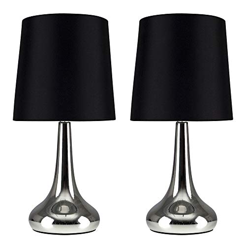 MiniSun - Set de 2 Lámparas de Mesa Táctiles - Forma de Gota – Cromadas y Pantallas de Tela Negra - Iluminación interior - Mesilla de noche
