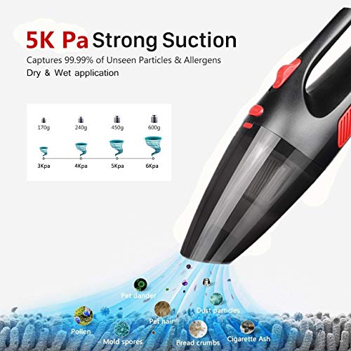 Mioke aspirador de Mano,Coche Limpiadora filtro HEPA,Seco / Húmedo 5000PA,120W 12V,Tecnología Ciclónica LED luz sin ruido con BOLSA (negro, con cable)