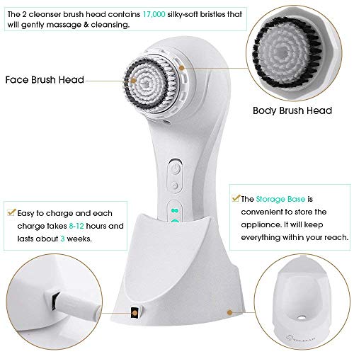 MiroPure - Cepillo facial con vibración suave, exfoliante para limpieza facial, elimina puntos negros, 4 velocidades con 3 cabezales de cepillado, resistente al agua, recargable por USB