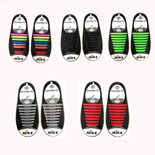 MIRX Cordones elásticos planos del zapato del silicón, ningunos lazos impermeables del cordón para los cabritos y los adultos (Rojo + Verde + Negro + Gris + Arco Iris)