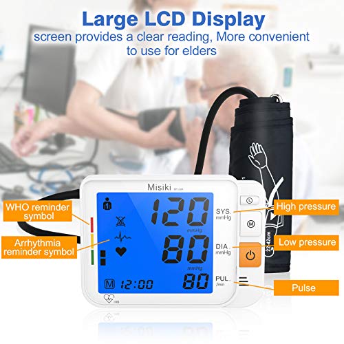 Misiki Tensiómetro de Brazo digital Tensiómetros de Brazo eléctricos Monitor de Presión con pantalla de LCD Medición digital automática, Brazalete 22-42 cm, 2 * 120 Usuario Dual mediciones Memoria