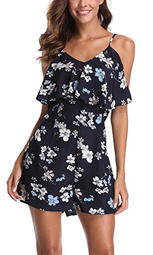 MISS MOLY Mono Corto Mujer Verano Sin Mangas Pantalón Estampado Floral Boho Casual Sexy Jumpsuits Playsuit Elegantes Azul Small
