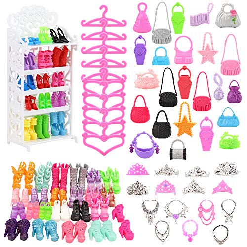 Miunana 41 Accesorios para 11.5 Pulgada 30CM Muñeca: 1 Armario + 4 Vestidos Ropa + 1 Bolsa + 1 PCS Gafas + 10 PCS Zapatos + 10 Perchas + 7 Collares + 6 Coronas