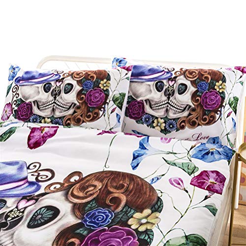 MIUNNG Romantico Flor Calavera Blanco Funda Nórdica Cráneo Pareja Beso 3D Color Digital Impresión Juego de Ropa de Cama Moderno Estilo Hombres Señorita (220 × 240cm- Cama 150cm)