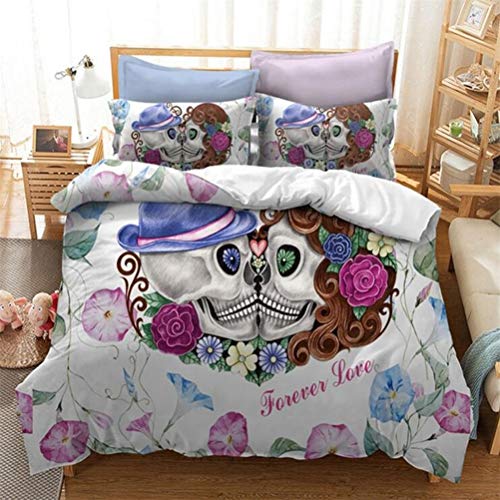 MIUNNG Romantico Flor Calavera Blanco Funda Nórdica Cráneo Pareja Beso 3D Color Digital Impresión Juego de Ropa de Cama Moderno Estilo Hombres Señorita (220 × 240cm- Cama 150cm)