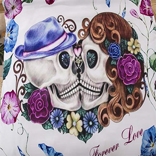 MIUNNG Romantico Flor Calavera Blanco Funda Nórdica Cráneo Pareja Beso 3D Color Digital Impresión Juego de Ropa de Cama Moderno Estilo Hombres Señorita (220 × 240cm- Cama 150cm)