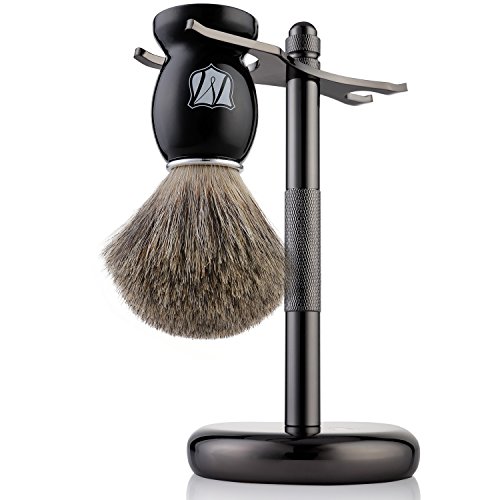 Miusco Premium 100% Pure Badger Hair Shaving Brush and Luxury Shaving Stand Set, Chrome Stand, Wooden Brush