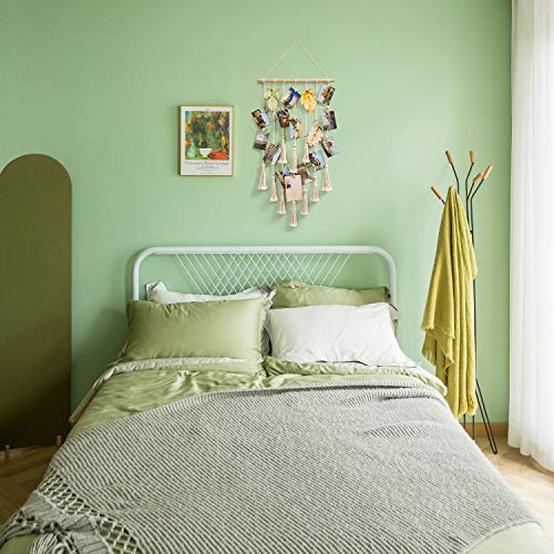 Mkouo Foto Colgante Displays Macramé Cuadro para Colgar en la Pared Organizador con 30 Clips de Madera Boho Decor for Home, Living Room, Bedroom, Ivory White, 108cm (L) × 43cm (W)