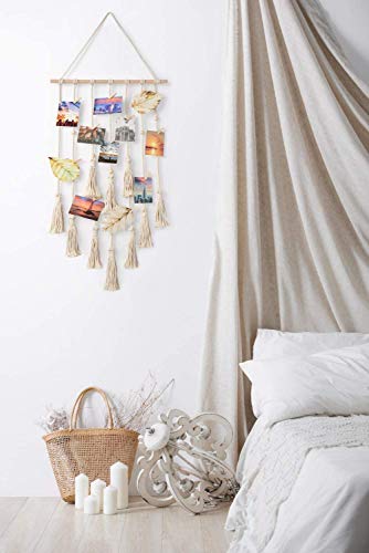 Mkouo Foto Colgante Displays Macramé Cuadro para Colgar en la Pared Organizador con 30 Clips de Madera Boho Decor for Home, Living Room, Bedroom, Ivory White, 108cm (L) × 43cm (W)